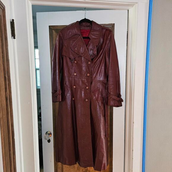 Long Red Leather Jacket Vinage 60s 70s Burgundy Large Trenchcoat - Picture 2 of 8